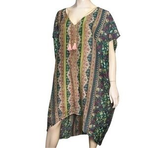 Bell Women’s S Green Pink Floral Tassel V-Neck Front Kaftan Silk Blend Dress